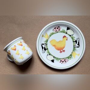 Vintage Arzberg Farm Fun Child’s Plate & Mug 1990s Chickens Ducks Cow Pig Sheep